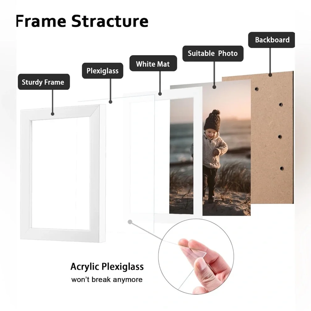 KINLINK A4 Picture Frame White Set of 4,‎ Wooden Photo Frames Matted A5